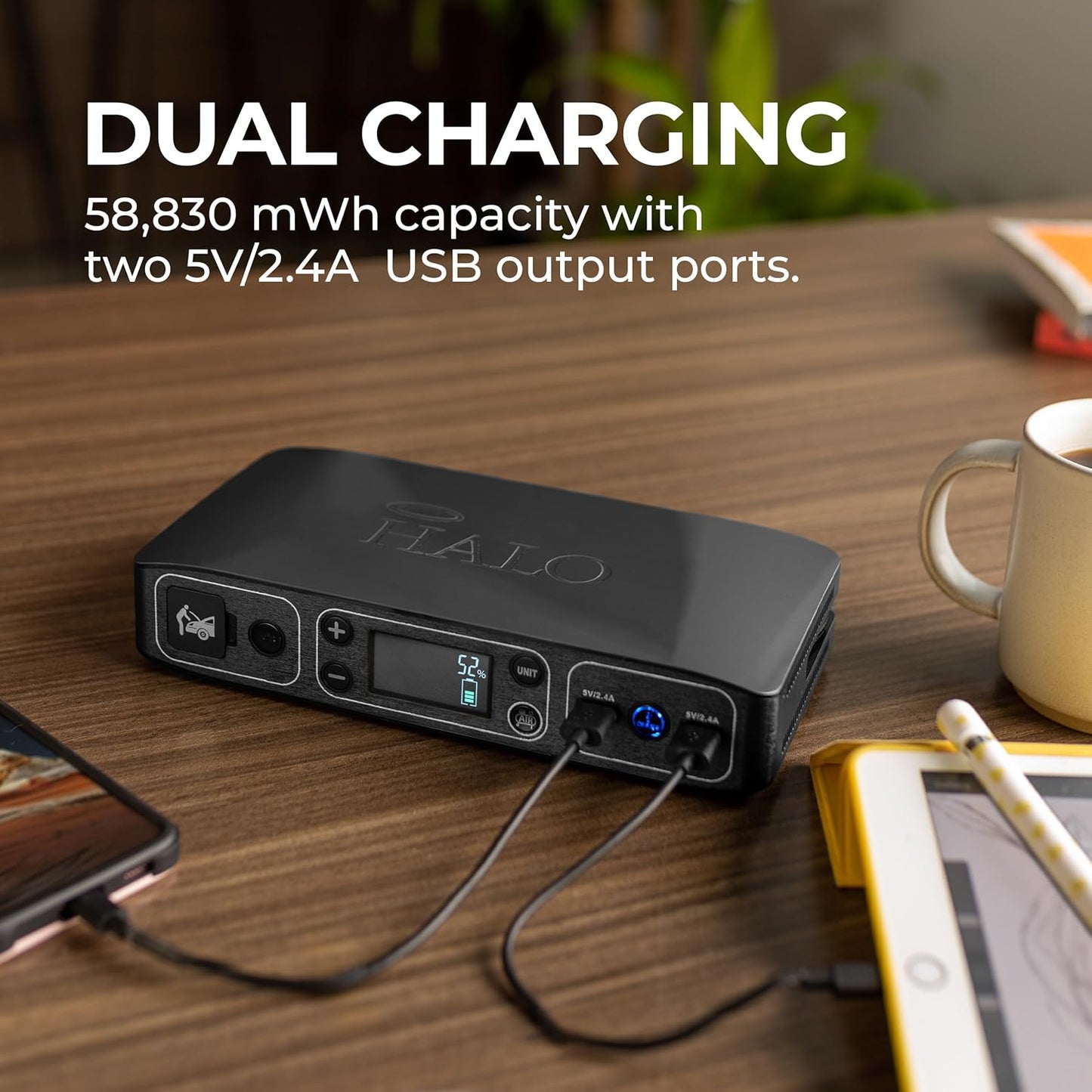 HALO Bolt Air 58830 Portable Car Battery Jump Starter | 100 PSI Air Compressor, 58.8Wh USB Power Bank, Emergency Floodlight & Charger, Jumps Cars SUVs & Trucks, Inflates Tires, TSA Approved — Gray