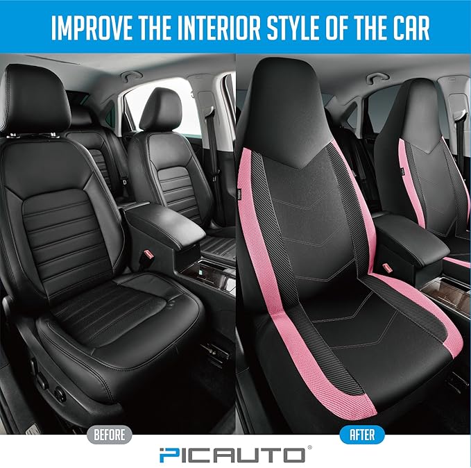PIC AUTO Leather Car Seat Covers, Sports Carbon Fiber & Mesh Design, High-Back Two Front Set, Waterproof Automotive Seat Covers, Airbag Compatible, Universal Fit for Most Cars (Black & Pink)