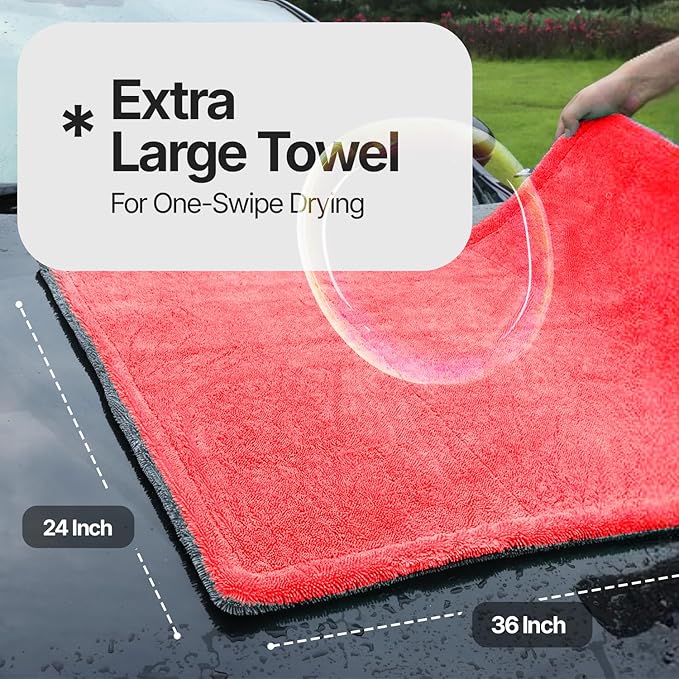 Quick & Effortless XL (36x24) Car Drying Towel with Double Twisted Loop - 1300GSM Super Absorbent Microfiber Towel Perfect for Large Vehicles, The Ultimate One-Pass Shine Zero Streaks, Zero Spots