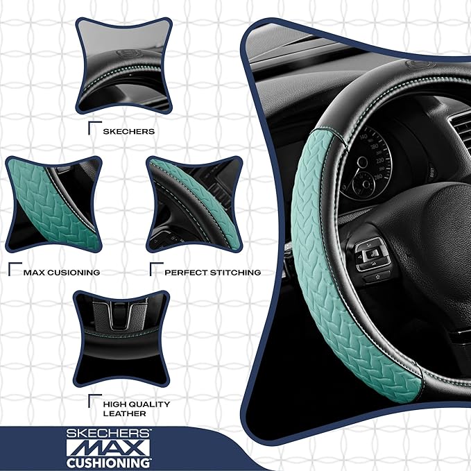Skechers Steering Wheel Cover,Max Cushioning Leather Steering Wheel Cover Universal Fit 14" 1/2-15" Car Wheel Protector for Men Women Fit Suvs,Vans,Sedans,Car,Trucks,Mint