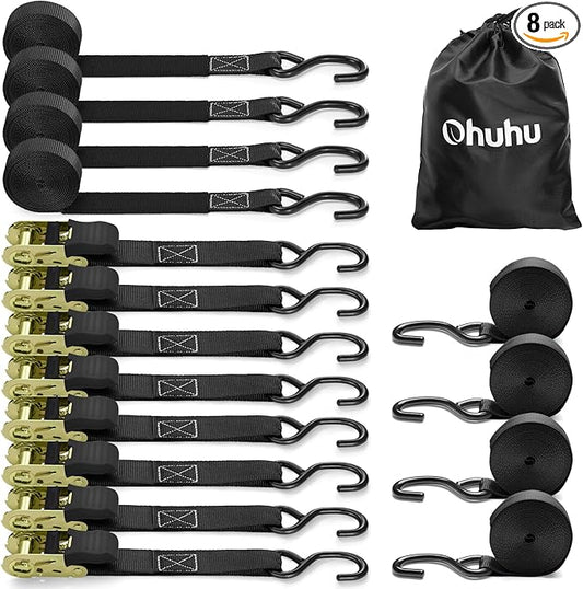 Ratchet Tie Down Strap 8-Pack 15 Ft - 500 lbs Load Cap with 1500 lbs Breaking Limit, Ohuhu Ratchet Tie Downs Logistic Cargo Straps for Moving Appliances, Motorcycle, Black