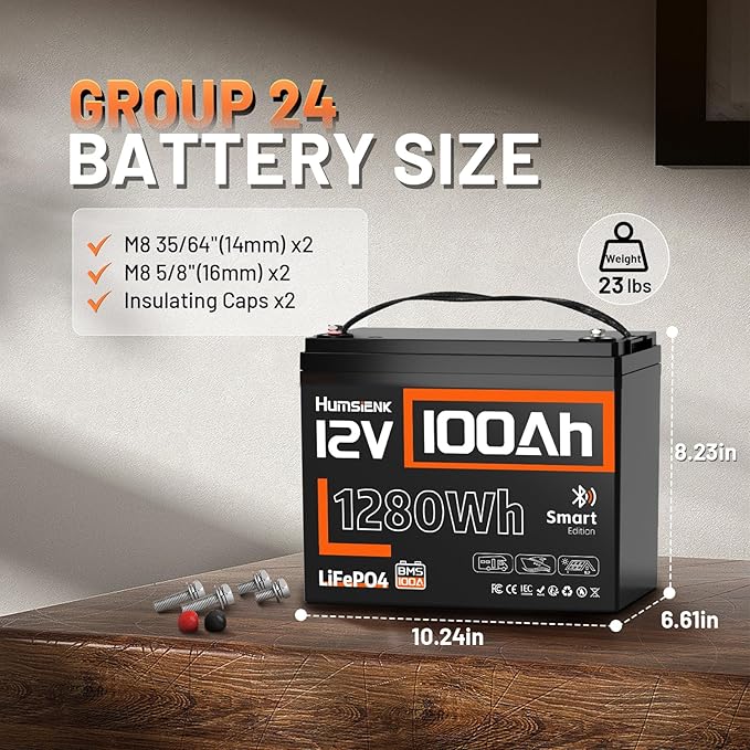 12V 100Ah LiFePO4 Lithium Battery Bluetooth - BCI Group 24 Deep Cycle Battery, Built-in 100A BMS & Low-Temp Protection, 15000+ Cycles, for RV/Marine/Trolling Motor/Off-Grid/Home Backup