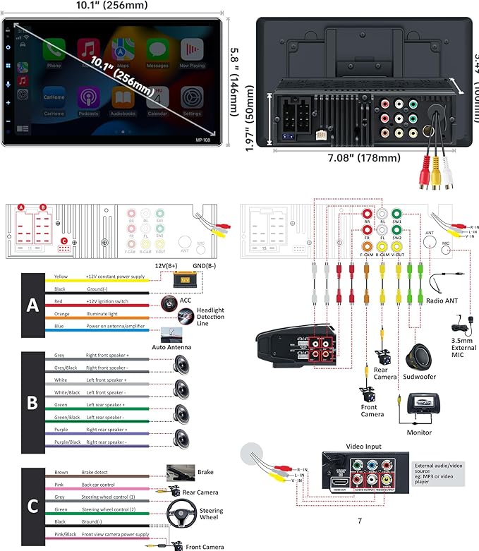 PLZ 10.1" Wireless Single Din Car Radio Stereo with Apple Carplay Android Auto Touch Screen, Car Play Audio Receivers Headunit, Bluetooth 5.3, Backup Camera, 240W, 2 Subwoofers, Navigation, FM/AM, SWC