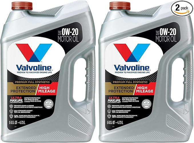 Valvoline Extended Protection High Mileage with Ultra MaxLife Technology 0W-20 Full Synthetic Motor Oil 5 QT (Pack of 2)
