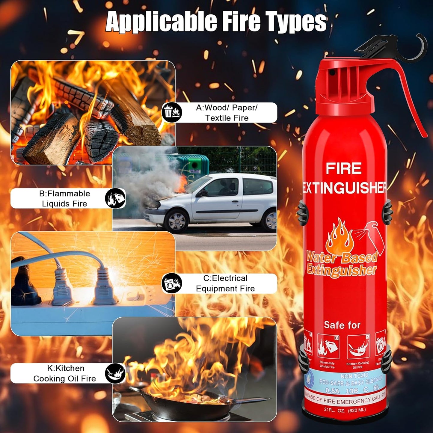 Fire Extinguishers for Home with Mount, 1 Pack Upgraded 8-in-1 Portable Fire Extinguisher For Vehicle Car Boat Marine Kitchen Emergency Supplies, Water-Based Extinguisher For A, B, C, K Fire Types