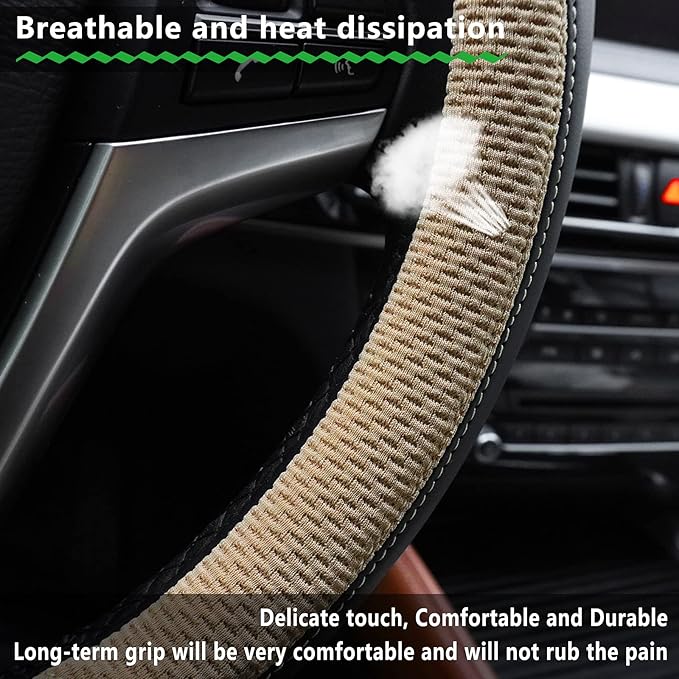 Achiou Steering Wheel Cover Microfiber Leather and Viscose, Breathable Mesh Universal 14.5-15 inch, Refreshing and Comfortable