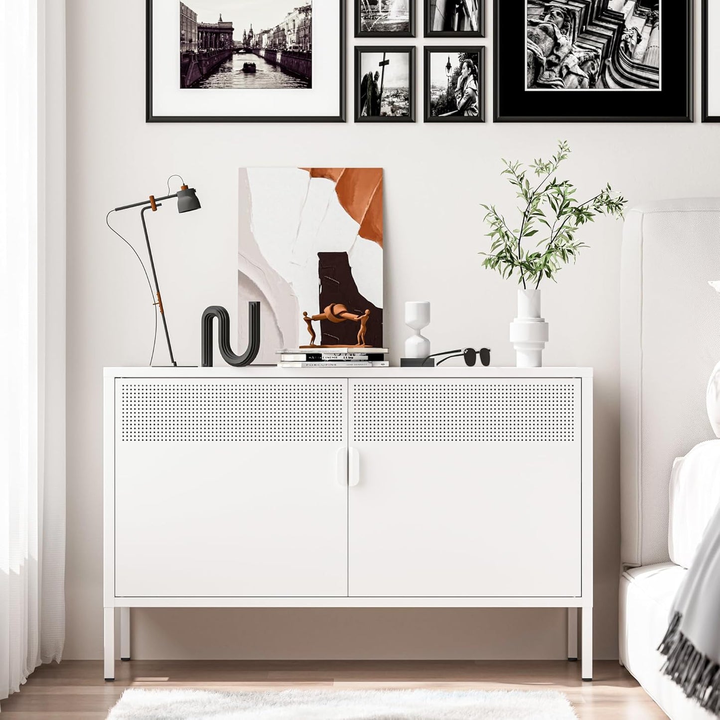 2 Door Storage Sideboard, Metal Storage Cabinet with 2 Adjustable Shelf,Multipurpose Metal Accent Cabinet for Office Home,Music Studio (White, 25''H)