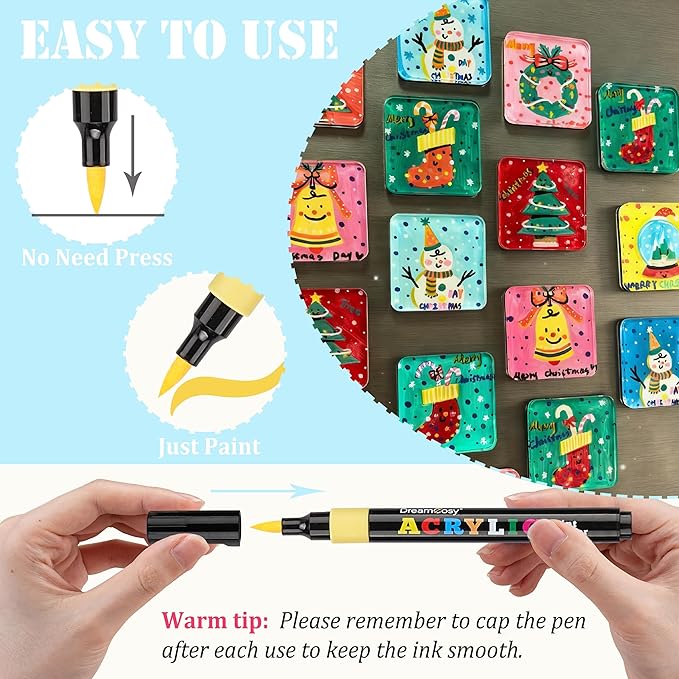 60 Colors Acrylic Markers Set,Brush Tip Acrylic Paint Pens for Painting on Rocks, Canvas, Ceramic, Wood, Glass - Perfect for Artists, Kids and Adults - DIY Crafts, Holiday Decorations & Art Supplies