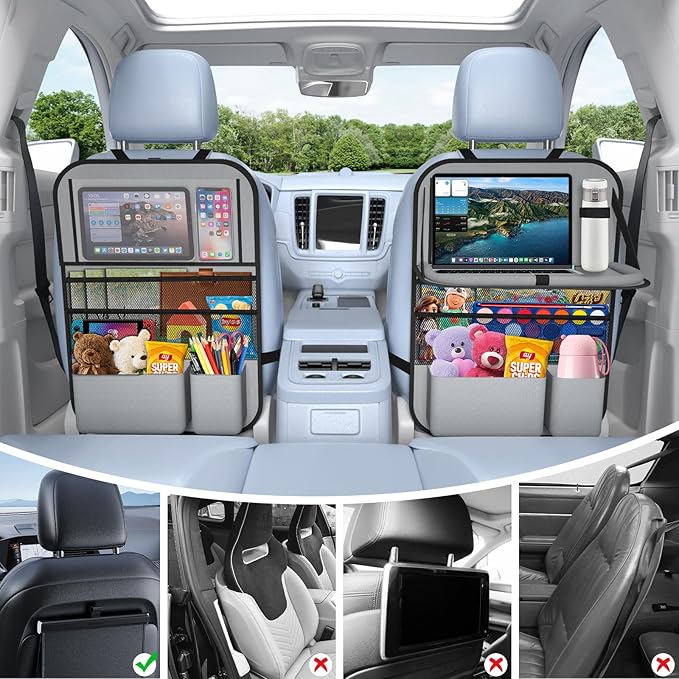 2PACK-Car Backseat Organizer with Touch Screen Tablet Holder,9 Storage Pockets Storage Organizer with Foldable Food Tray, Protector Kick Mats for Kids, Travel Accessories Organizer (Grey)