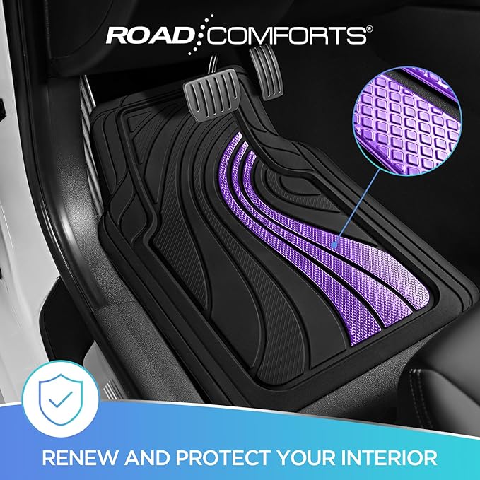Road Comforts Car Floor Mats Full Set – Front & Rear Car Floor Mats with Aluminum Design, Anti-Slip Backing, All-Weather Protection, Trim-to-Fit Car Mats for Most Sedans, SUVs & Vans - Lighet Purple