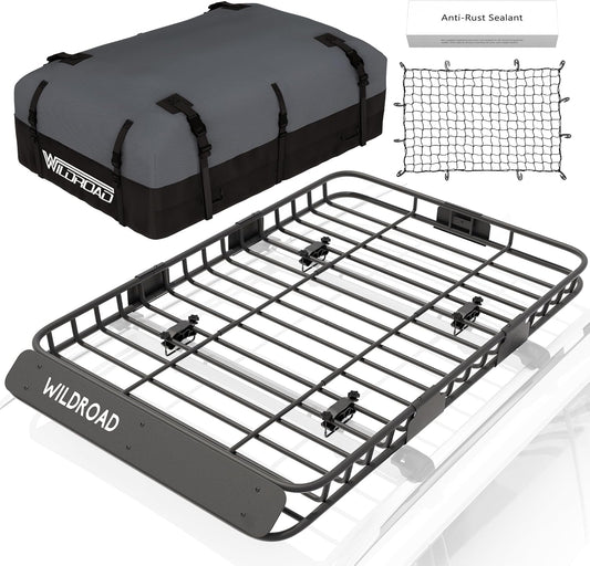 WILDROAD Car Roof Cargo Carrier Combo of Upgraded 64"x 39"x 4" Roof Rack Cargo Basket with 21 Cubic ft Ultra Waterproof Anti-Tear Fabric Cargo Carrier Bag and Super Duty Bungee Cargo Net