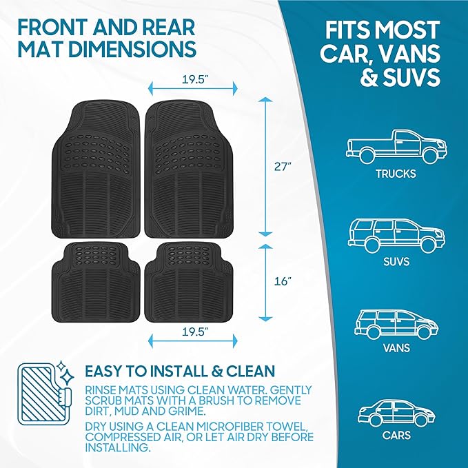 BDK Floor Mats, 4-Piece All-Weather Car Mat with Universal Fit Design, Durable Rubber Car Floor Mats with Capture Ridges, Waterproof for Cars Trucks SUV (Black)