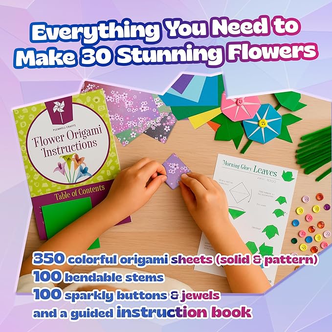 Pinwheel Crafts Flower Origami Kit for Kids Ages 8-12 | 550 Pcs Origami Paper Kit w/Multicolor Folding Papers, Chenille Stems,Buttons and Jewels, Arts and Crafts Paper Book for Kids Ages 6+