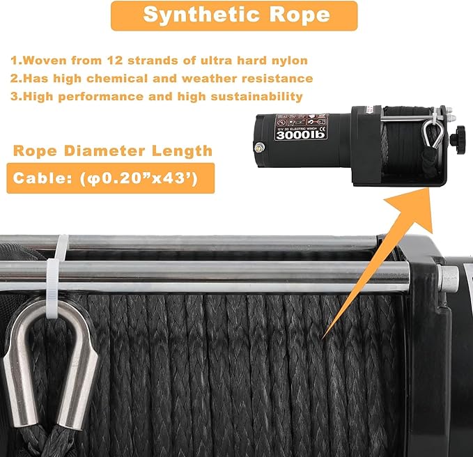 3000LBS Electric Winchs Synthetic Rope Electric Winch 12V for Towing ATV/UTV Off Road with Mounting Bracket Wireless Remote, Black