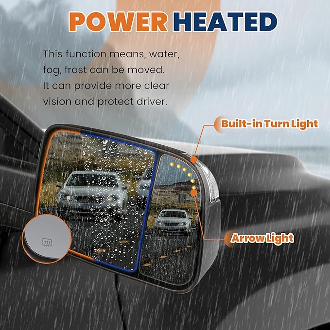 Pair Black Power Heated Towing Mirrors Compatible for 2002-2008 Dodge Ram 1500/2003-2009 Ram 2500 3500 w/White DRL, Arrow Light, Led Turn Light
