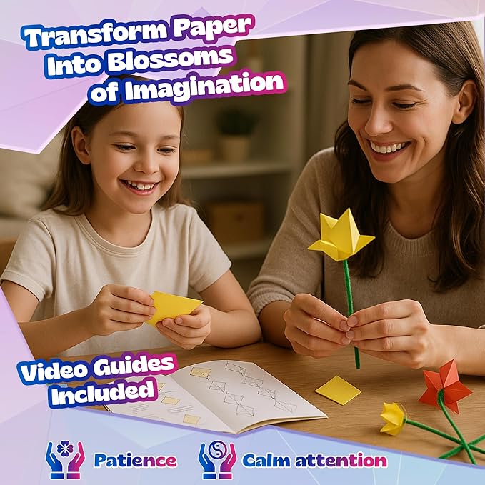 Pinwheel Crafts Flower Origami Kit for Kids Ages 8-12 | 150 Pcs Origami Paper Kit w/Multicolor Folding Papers, Chenille Stems,Buttons and Jewels, Arts and Crafts Paper Book for Kids Ages 6+