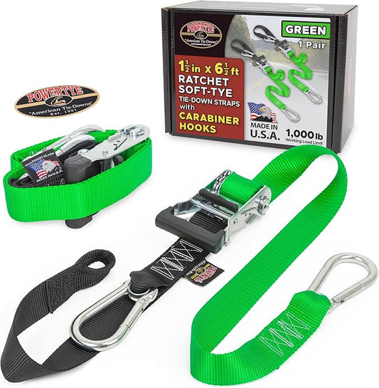 PowerTye 1.5 inch x 6.5ft Heavy Duty Ratchet Tie Down Straps with Carabiner Hooks & Sewn-in Soft-Tye, for Motorcycle, ATV, Trailer & Cargo - 1,000 lb WLL - Made in USA - Green/Black Pair
