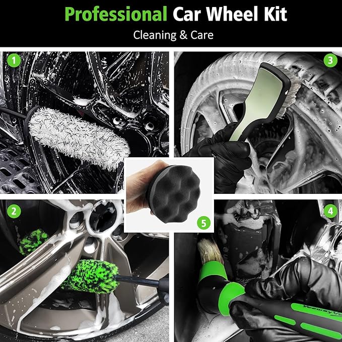 YeewayVeh 5PCS Car Wheel Brush Kit, Bendable Rim Cleaner Brush & Non-Metallic Wheel Cleaning Brush Set with Tire Brush, Car Detailing Brush and Tire Shine Applicator, Green&Black