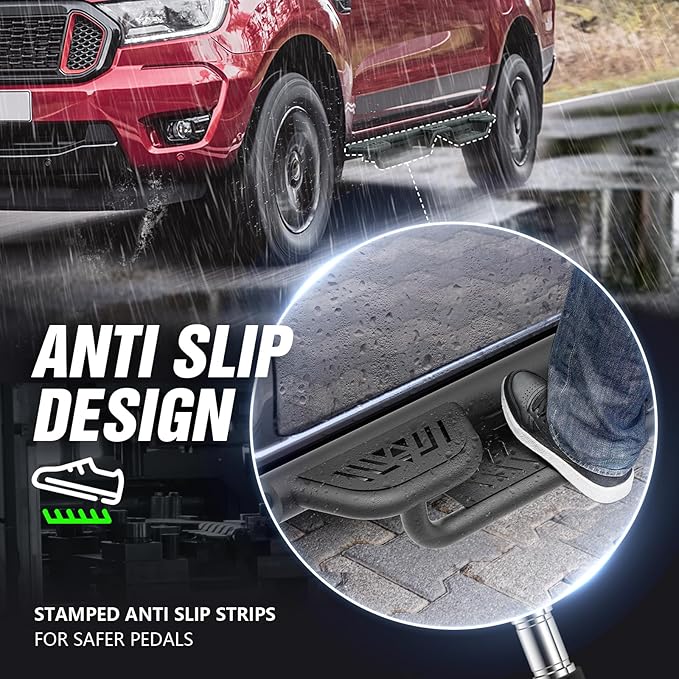Three Raised Steps Running Boards Compatible for 2019-2025 Ford Ranger Supercrew Cab Side Steps (4 Full Size Doors), Two Stairs Design Bolt-on Side Rails Step Nerf Bar