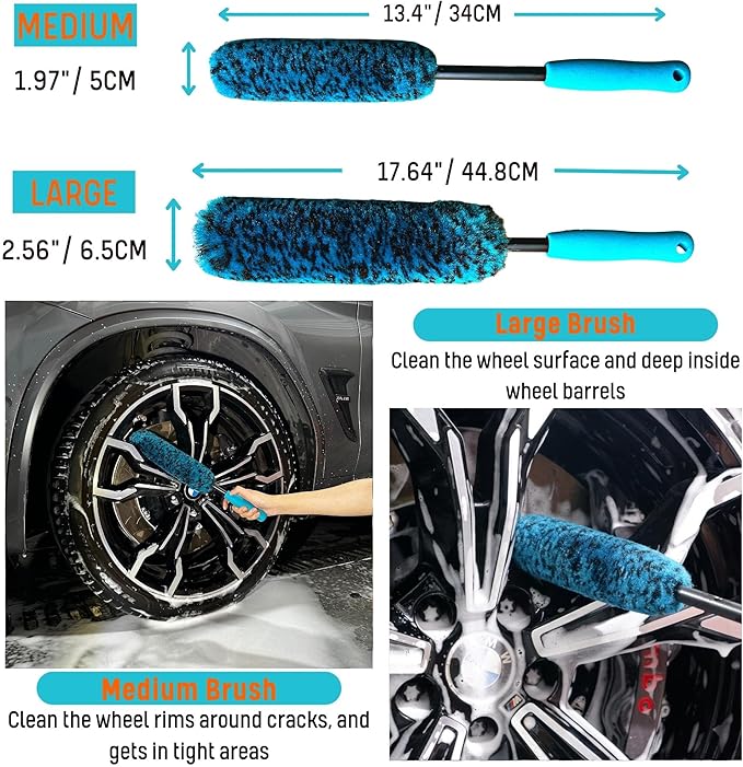 PRO Choice 4 Pack Long Handle Wheel Brush Kit for Cleaning Wheel and Tire- 2X Soft Wheel Cleaning Brush, Detailing Brush and Stiff Tire Brush