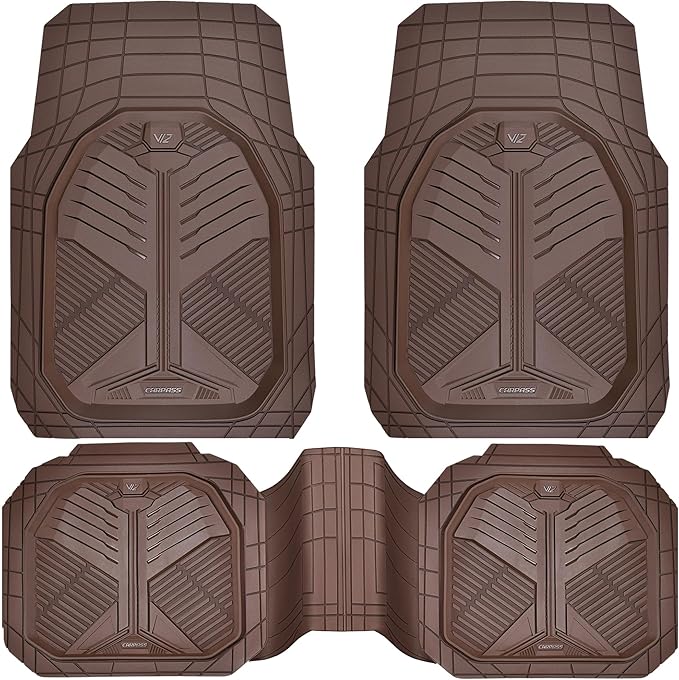 CAR PASS Heavy Duty Rubber Car Mats, Deep-Dish Odorless Car Floor Mats All Weather, Trim-to-Fit for SUVs Trucks Sedans, Waterproof Anti-Slip, 3 Pieces V12 Brown