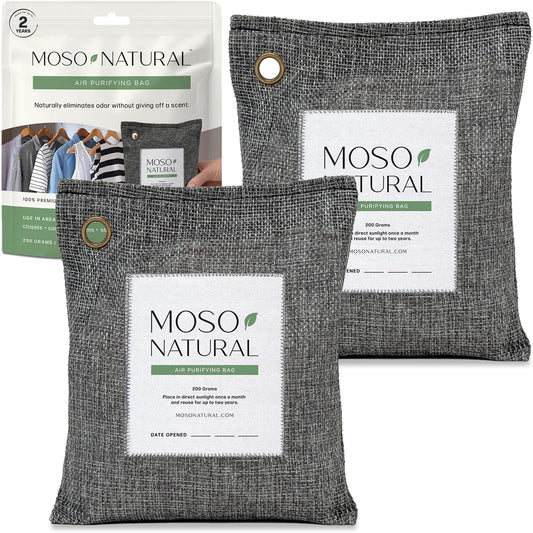 Moso Natural Air Purifying Bag 200g (2 Pack) Bamboo Charcoal Odor Absorber for Home & Car | Closet Odor Eliminator, Small Room Deodorizer & Car Air Freshener | Long Lasting Charcoal Bags Cover 90sqft