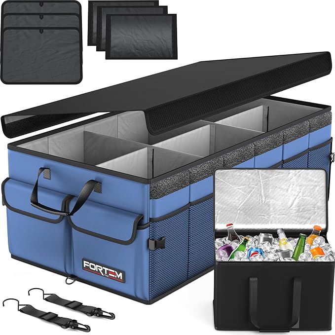 FORTEM Car Trunk Organizer with Cooler, Collapsible Multi Compartment SUV Organizer, Foldable Storage for Car Accessories for Women Men, 600D Oxford, Non Slip Bottom, Securing Straps Soft Cover (105L)