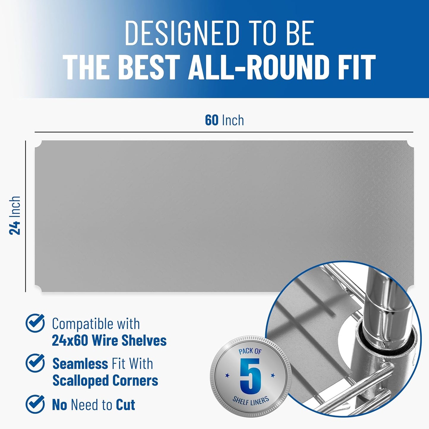 Shelf Liners for Wire Shelf System: Set of 5 in Graphite: 24 x 60 inch: Plastic Wire Shelving Shelf Mats