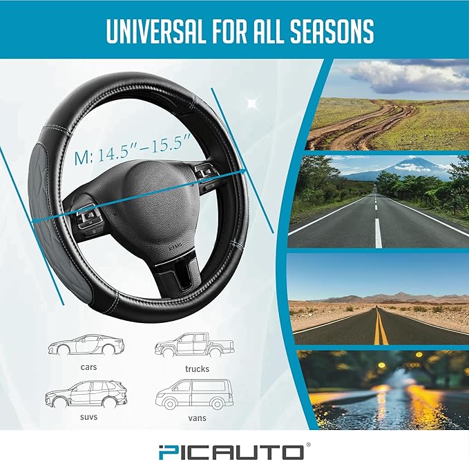 PIC AUTO Steering Wheel Cover, Gray Thick Rhombic Foam and Premium Leather, Universal 14.5-15.5 Inch Breathable Anti-Slip Steering Wheels Accessories for Men & Women