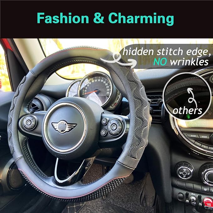 PINCTROT Steering Wheel Cover Great Grip with 3D Honeycomb Anti-Slip Design, Universal 14.5-15 Inch (Black/Red Stitch)