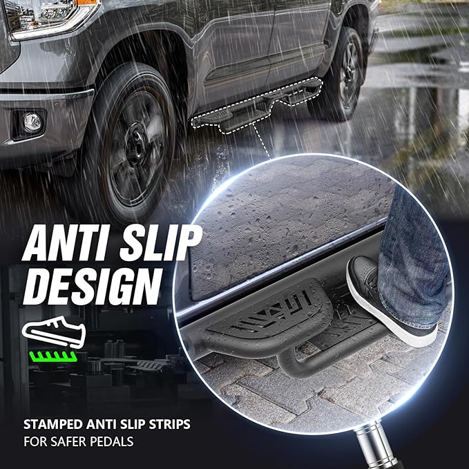 Three Raised Steps CrewMax Cab Running Boards Compatible with 2007-2021 Toyota Tundra Crew Max Cab Side Steps, Two Stair Design Style Truck Side Rails Nerf Bars (Black Powder Coated)