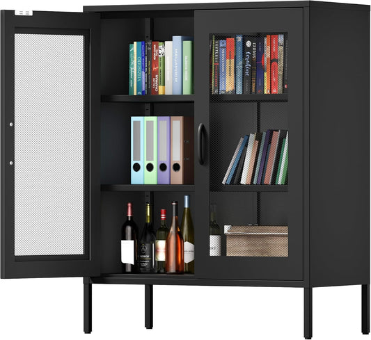 Metal Storage Cabinet with Mesh Doors and Shelves,Multipurpose Storage Rack, 3-Tier Office Cabinet,Metal Locker Style Accent for Home Office,Living Room,Kitchen (Black-mesh, 40''H)