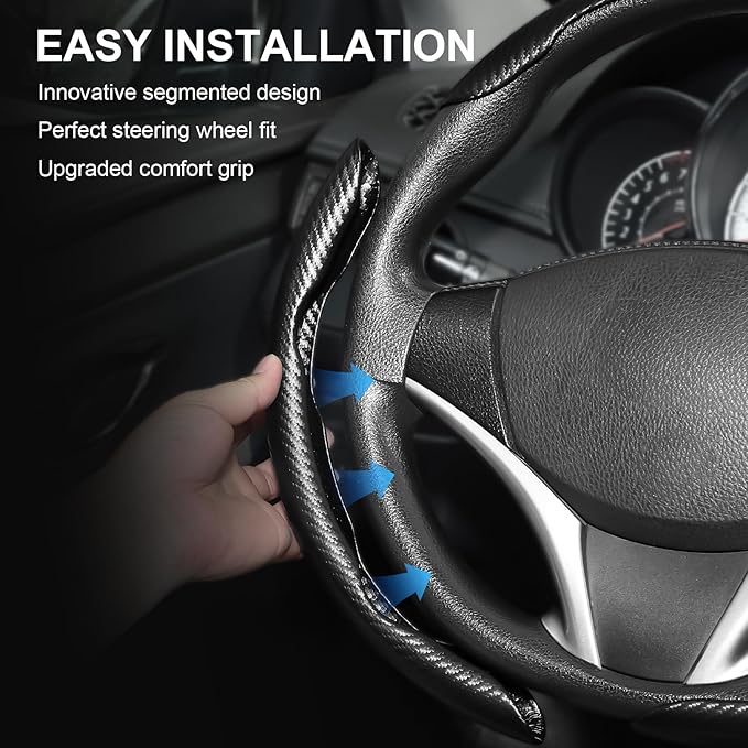 Carbon Fiber Steering Wheel Cover, Universal Fit for 14-16 Inch Wheel, Non-Slip Leather Wrap with Easy Snap-On Installation, Sweatproof & Heat-Resistant for Car Truck SUV, Black