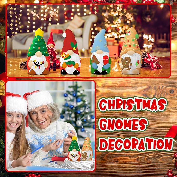 Eersida 6 Sets Christmas Gnome Ceramics to Paint Xmas Ready to Paint Your Own Ceramic Gnome Statues DIY Unpainted Ceramics Paintable Figurines Kit Crafts with Brush Palette
