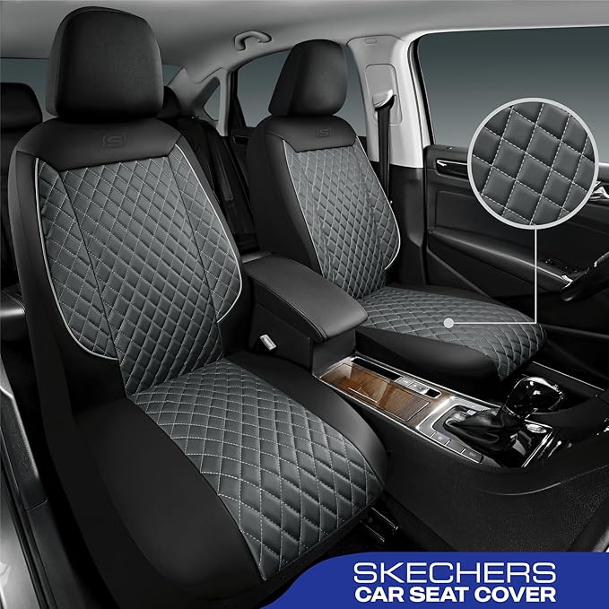 Skechers Car Seat Covers,Piping Luxury Faux Seat Covers,Waterproof Anti Slip Car Seat Protector Front Seats,Car Accessories Airbag Universal Fit for Most Cars,Vans,Trucks,SUV,Gray