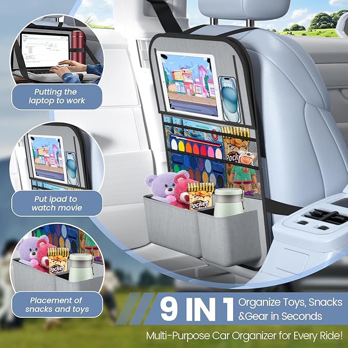 2PACK-Car Backseat Organizer with Touch Screen Tablet Holder,9 Storage Pockets Storage Organizer with Foldable Food Tray, Protector Kick Mats for Kids, Travel Accessories Organizer (Grey)