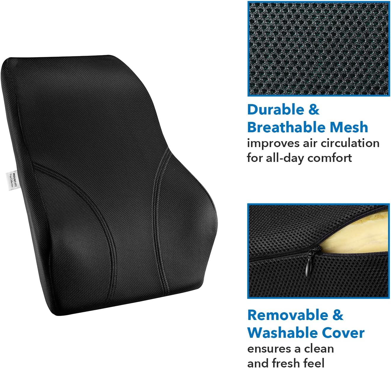 Mount-It! Office Chair Cushion, Lumbar Support Pillow for Office Chair, Back Support Pillow for Desk Chair, Gaming, Home or Car with Memory Foam Filling, Relief Back Pain Improve Posture, Black Large