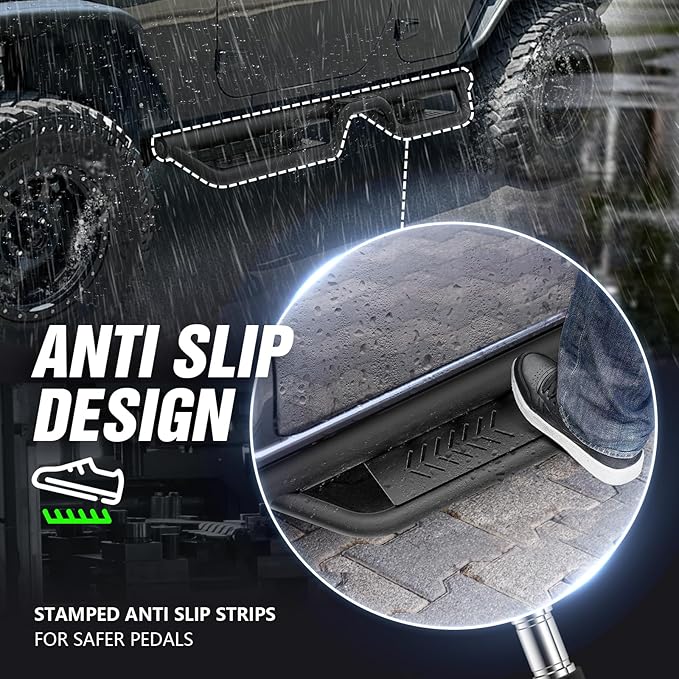 Running Boards Compatible with 2007-2018 Jeep Wrangler JK JKU Unlimited 4 Doors, Two Stairs Design Side Steps Heavy-Duty Steel Nerf Bars Bolt-on Step Plates Rock Sliders Rail, Black