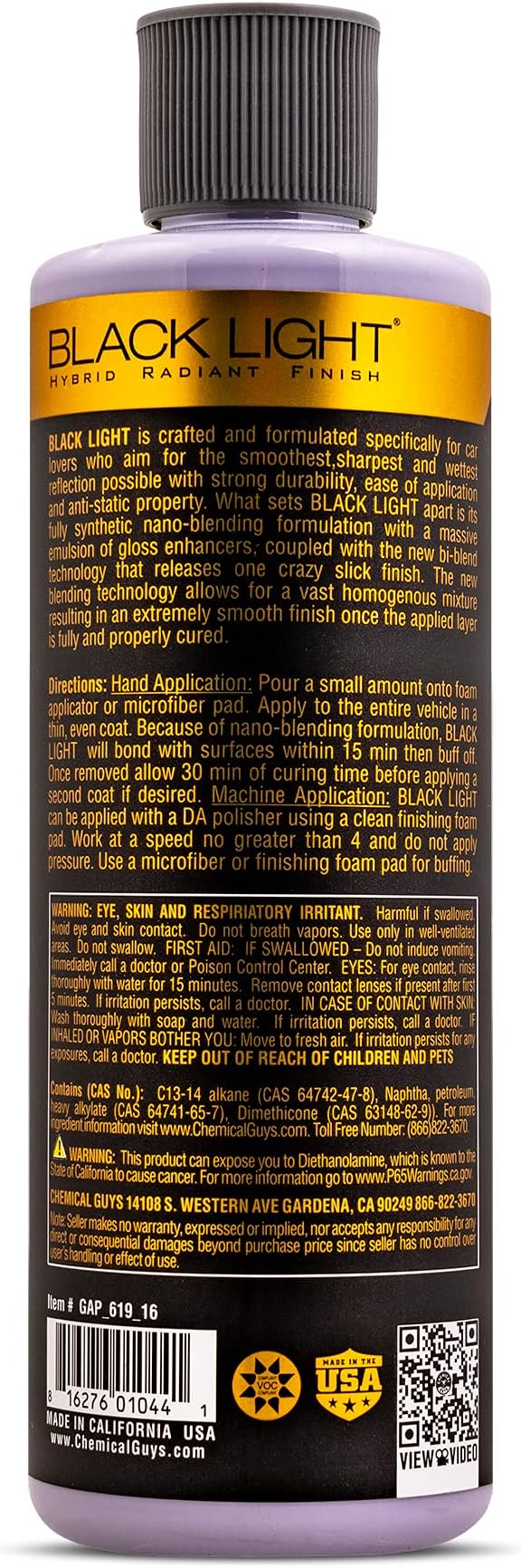 Chemical Guys Black Light Hybrid Radiant Finish - Premium Glaze and Sealant for Black and Dark Colored Cars - Enhances Depth, Gloss and Protection on Cars, Trucks, SUVs and More, 16 fl oz Bottle