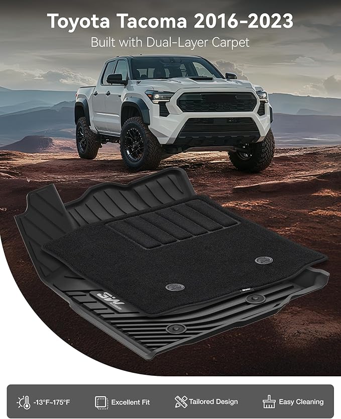3W Floor Mats & Carpets Custom Fit Toyota Tacoma 2016-2023 (Only for Double Cab and Automatic), TPE Floor Liner Thickened Carpet with Safety Locks and Driver Heel Pad for Tacoma Cars Accessory