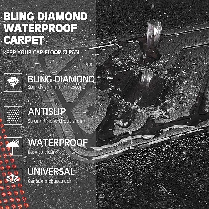 CAR PASS Bling Diamond Leather Steering Wheel Cover 14.5in-15in Floor Mats Shining Rhinestone Carpet Sparkly Glitter Crystal Anti-Slip Pad Fit Automotive SUV Pickup Truck Girl Women, 5pcs Black Red