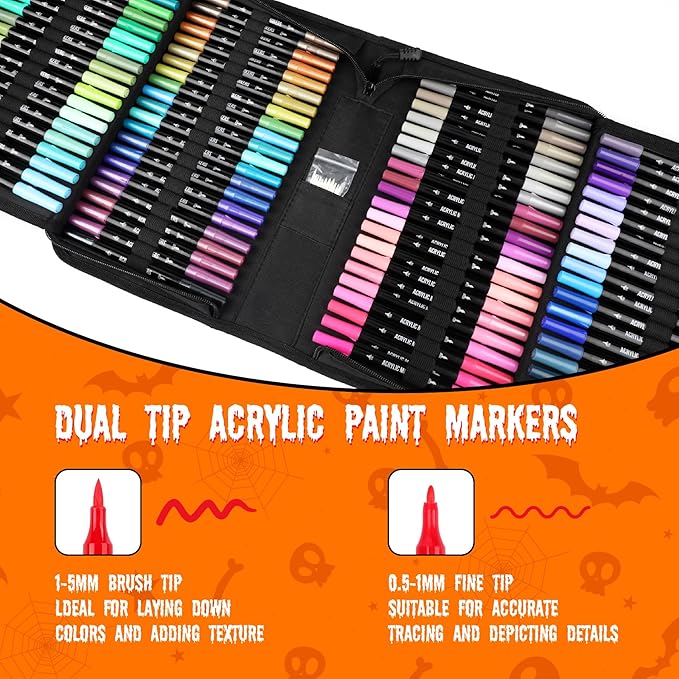 120 Colors Acrylic Paint Markers, Dual Tip Fine and Brush Tips Pens Contain 24 Metallic Color for Stone, Wood, Calligraphy, Canvas, Ceramic, Metal, Glass, Rock Painting, DIY Crafts Art Supplies Kit