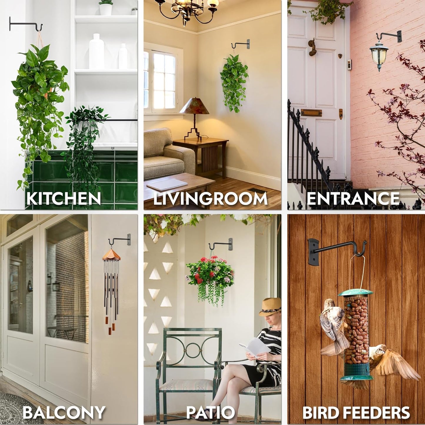 RTZEN Plant Hangers Outdoor or Indoor - Wrought Iron Metal Hanger Indoor Hook - Heavy Duty Wall Bracket Hooks for Hanging Plants Baskets Lanterns Wind Chimes - 2 Pack (Black Shepherds Hooks)