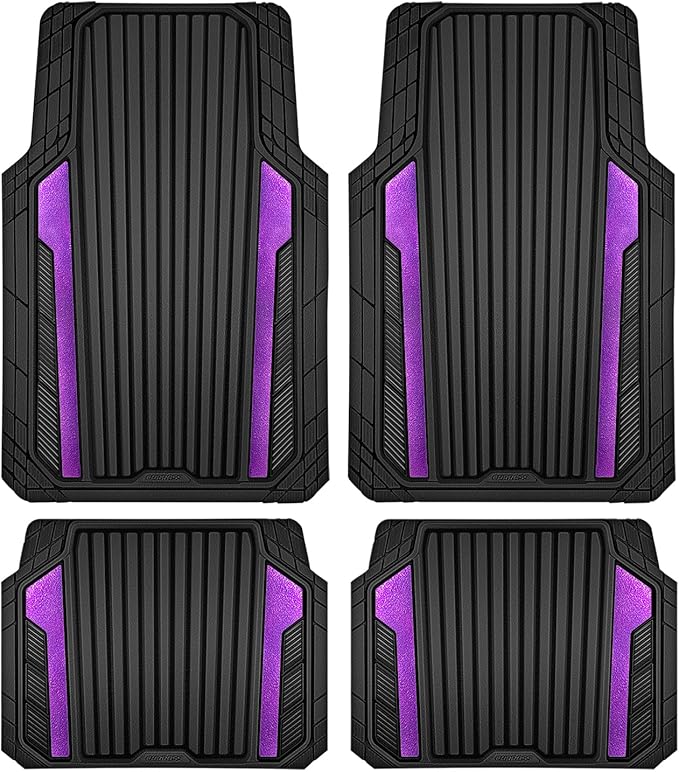 CAR PASS Heavy Duty Rubber Car Mats Metallic,Aluminum Film All Weather Floor Mats Waterproof Universal Trim to Fit SUVs Sedans Vans 4 Piece Anodized Deep Dish Two-Tone Sporty Black Purple Chrome