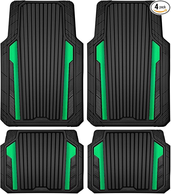 CAR PASS Heavy Duty Rubber Car Mats Metallic,Aluminum Film All Weather Floor Mats Waterproof Universal Trim to Fit SUVs Sedans Vans 4 Piece Anodized Deep Dish Two-Tone Sporty Black Green Chrome