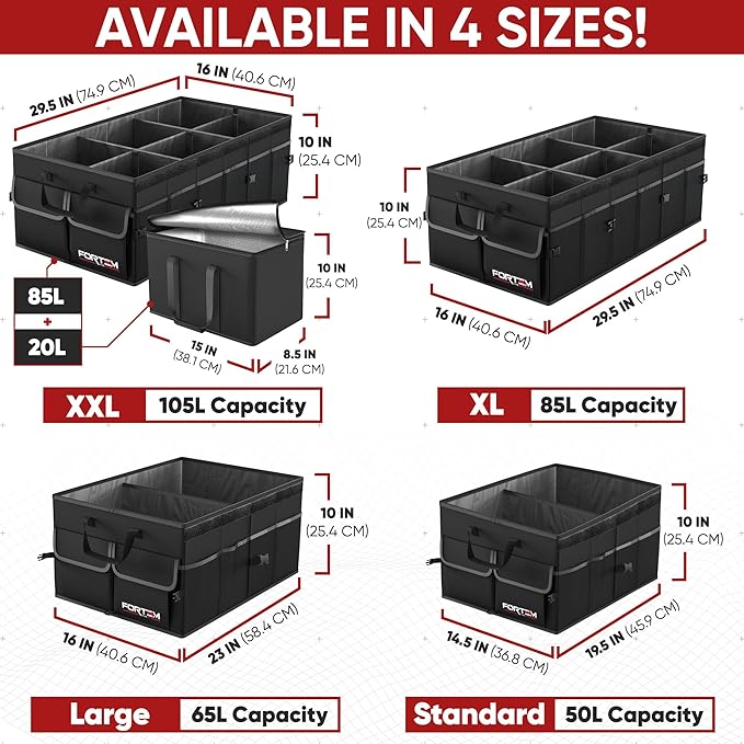 FORTEM Car Trunk Organizer with Cooler, Collapsible Multi Compartment SUV Organizer, Foldable Storage for Car Accessories for Women Men, 600D Oxford, Non Slip Bottom, Securing Straps Soft Cover (105L)