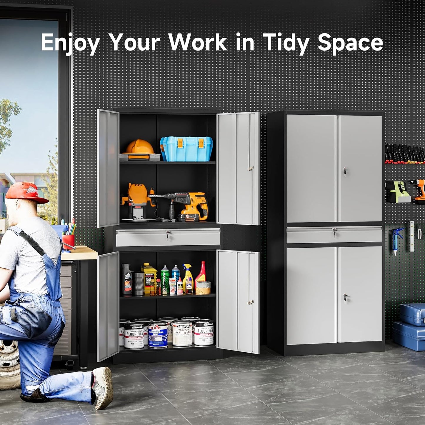 Metal Garage Storage Cabinet with Doors and Shelves, Lock, Drawer - 71" Lockable Steel Cabinet for Home, Office