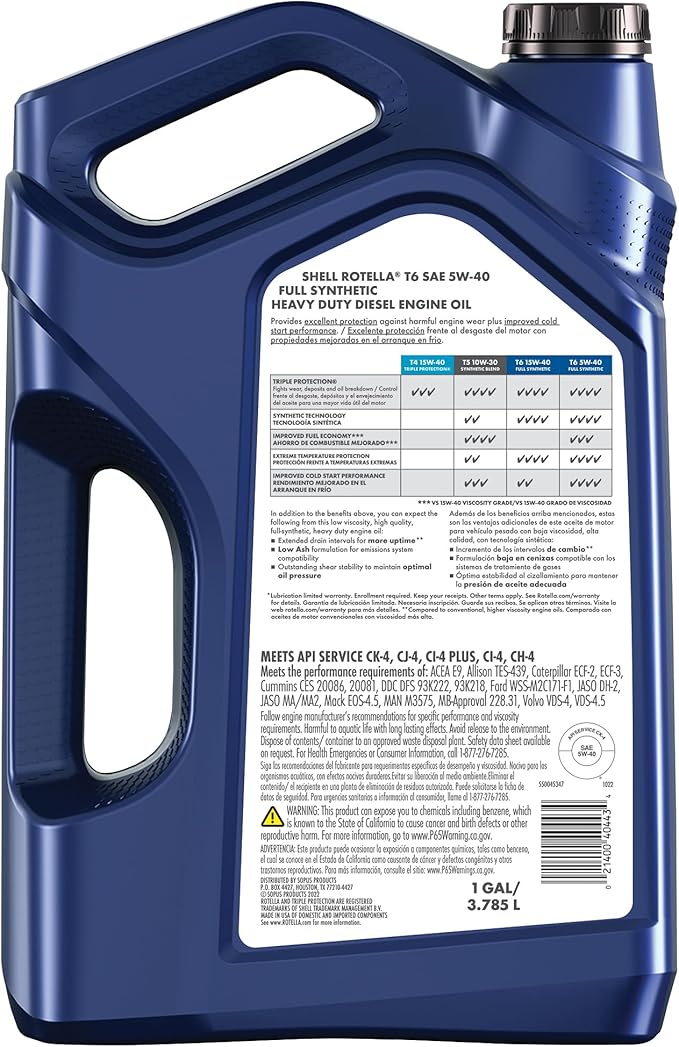 Shell Rotella T6 Full Synthetic Heavy Duty Engine Oil 5W-40, 55 Gallon Drum