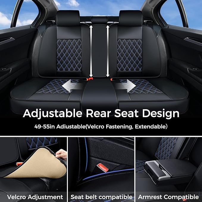 Huidasource Seat Covers Full Set, Nappa Leather Seat Covers, Blue Car Seat Covers, Universal Fit Front & Split Bench Rear, Airbag Compatible, for Most Cars,Vans,Trucks, SUVs(Full Set/Black&Blue)