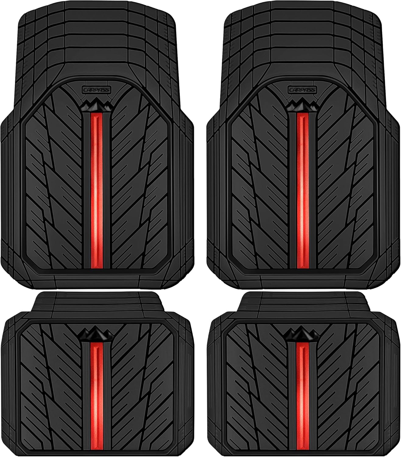CAR PASS Metal Medium Rubber Floor Mats for Car Heavy Duty Car Mats All Weather, Universal Trim to Fit for Truck SUV Vehicle Automotive Floor Mats, Waterproof Car Mats 4 Piece Black and Red